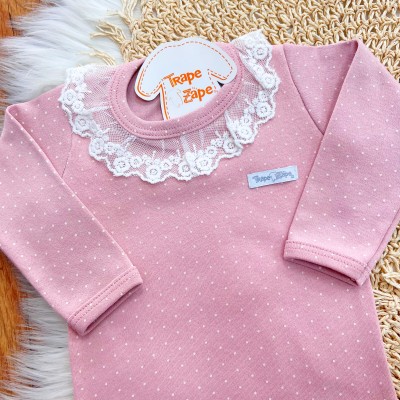  CONJ. DE MALHA 3 PEÇAS - Ursinha com Balões de Coração e Gola Gripyr - Rose e Off White